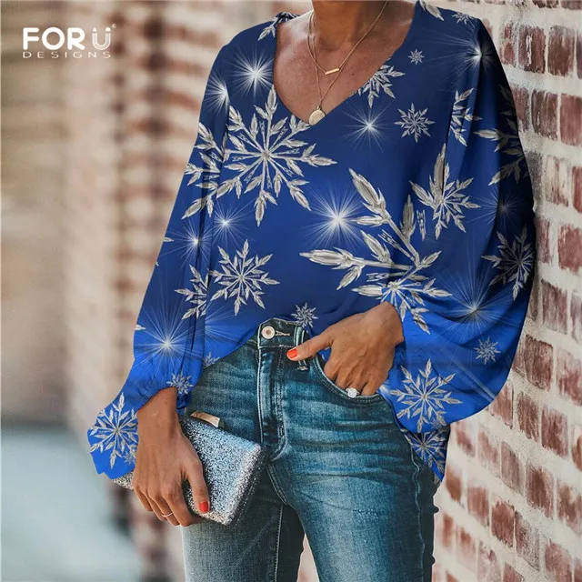 FORUDESIGNS/женские шифоновые блузки с v-образным вырезом, повседневные, с рукавом-шаром, красивые, с принтом снежинки, для девочек, мягкие, вечерние, для улицы, рубашки - Цвет: HMQ113B2