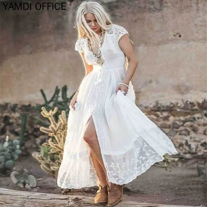 YAMDI вечерние Клубные платья coctail для женщин Лето Осень Винтаж Элегантный boho пляж Глубокий v образным вырезом сексуальное кружевное Сетчатое Макси платье