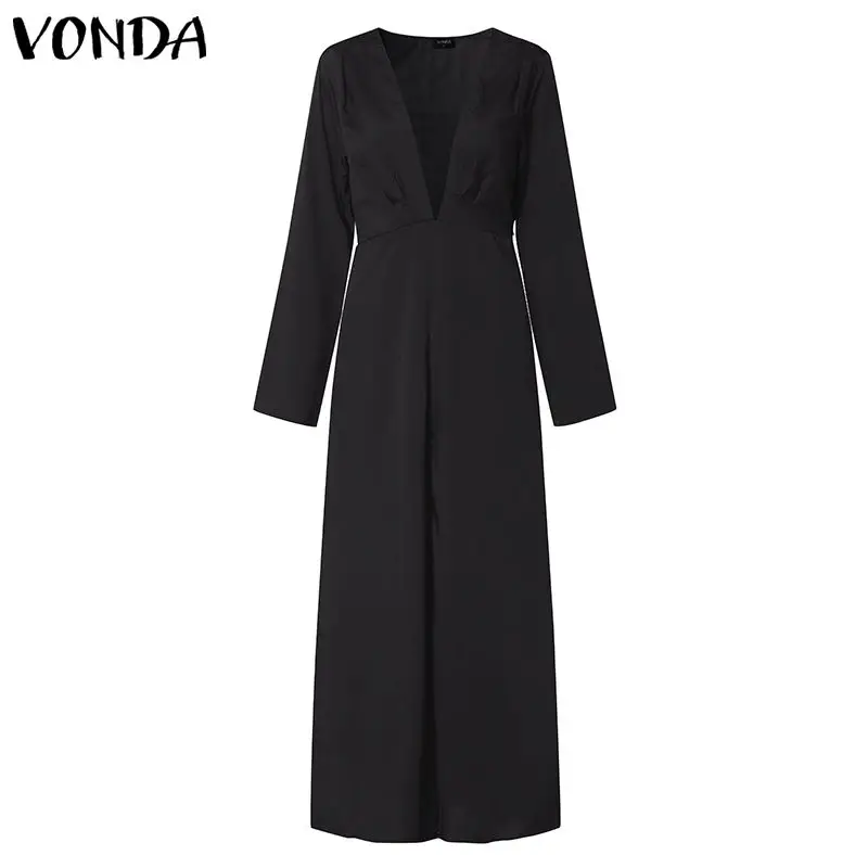 Женское летнее платье размера плюс, VONDA, винтажный комбинезон, сексуальный глубокий v-образный вырез, сарафан, ночные вечерние платья, повседневное платье, Femme 5XL - Цвет: black