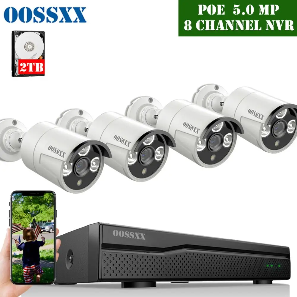 OOSSXX 5MP POE Security Camera System Kit 4pcs 5.0MP IR Cut Outdoor Indoor IP67 IP Camera CCTV Vide