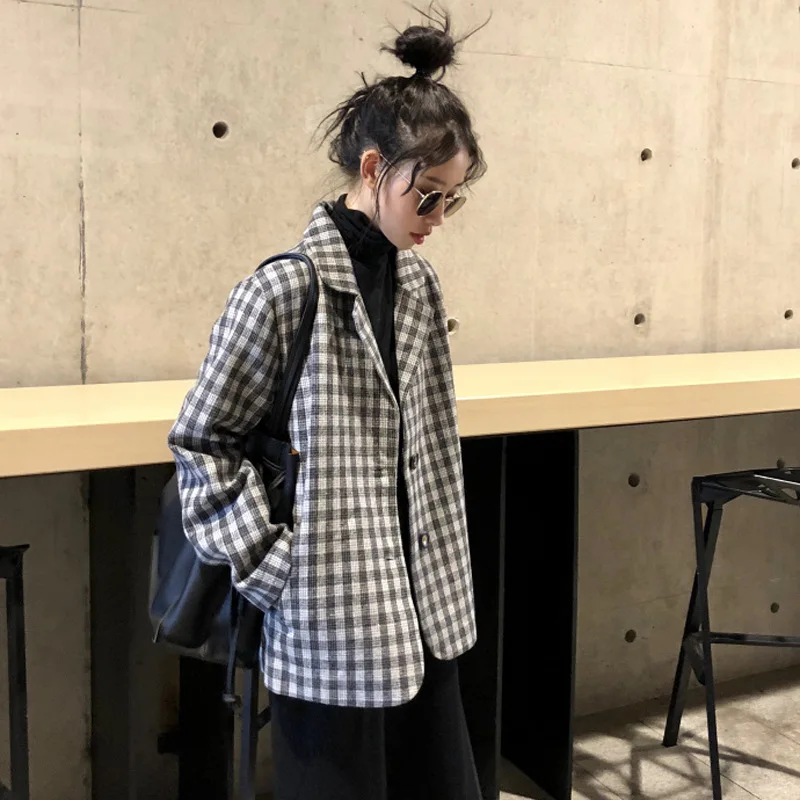 

2019 Early Autumn New Style Korean-style Online Celebrity Sense of Design Non-mainstream Tops Elegant Western Style Plaid Suit J
