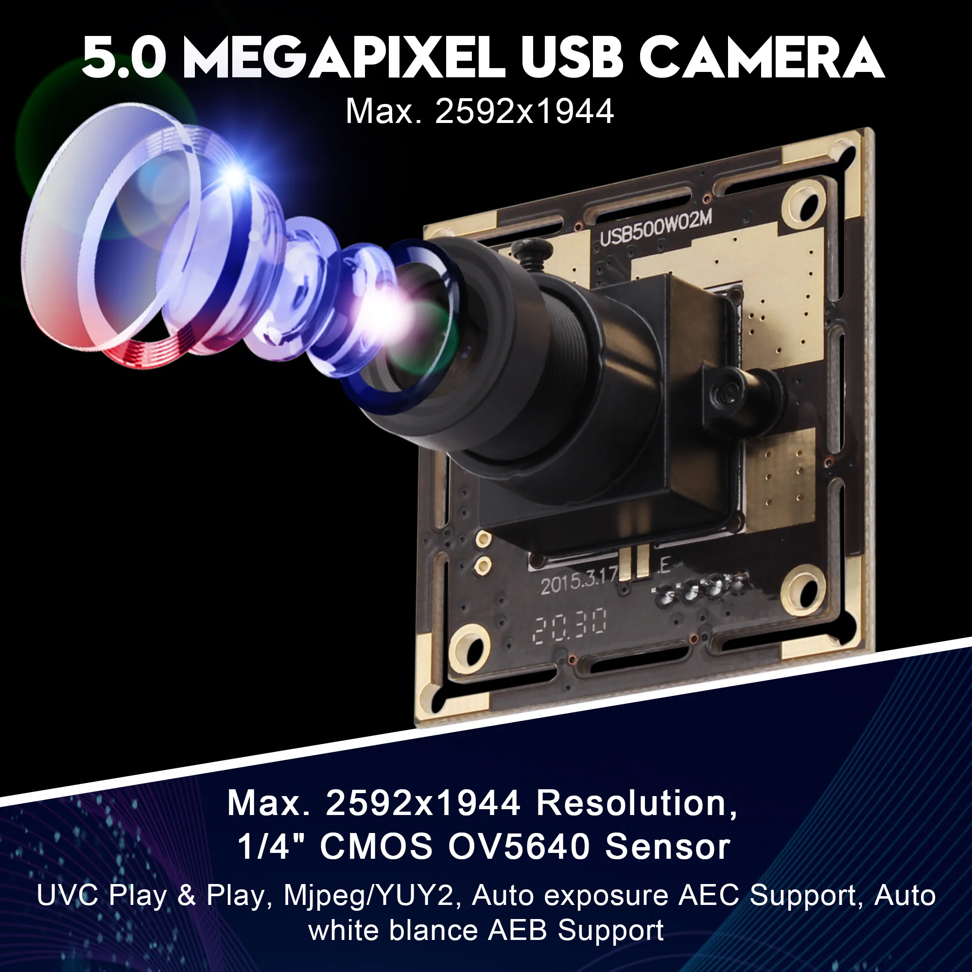 USB 2.0 ȵ̵ ELP-USB500W02M-L36  USB ī޶, 2592x1944 Cmos OV5640, 5 ް ȼ