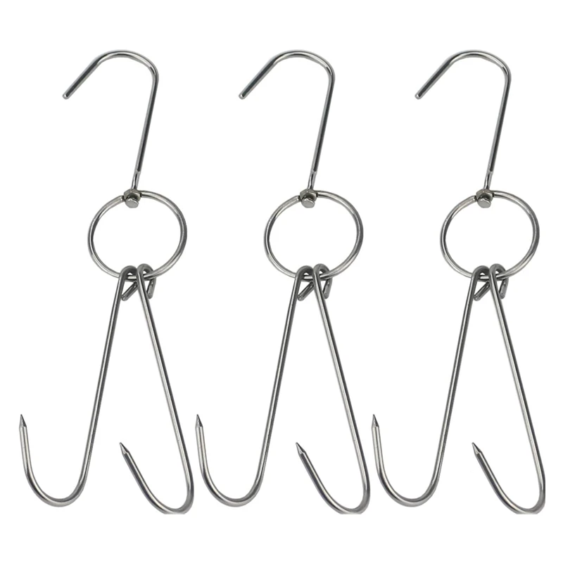 3 PCS 9.45" Stainless Steel Double Meat Hooks Roast Duck Bacon Shop Hook BBQ Grill Hanger Cooking Tools Accessories