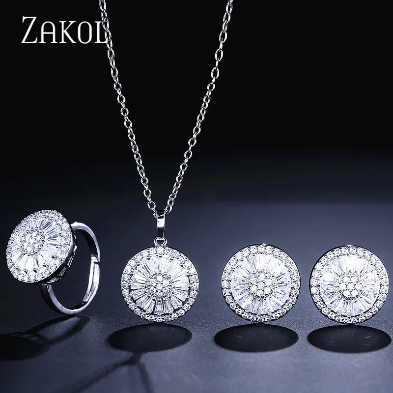 ZAKOL высокое качество CZ Кристалл Женская мода ювелирные изделия блестящий круглый кубический циркон ожерелье серьги кольцо ювелирные изделия для невесты набор FSSP2013 - Окраска металла: White 3 Pcs Set