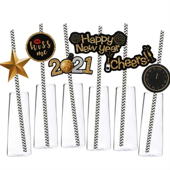 

36pcs 2021 happy new year paper straws new year eve party supplies drinking straw with tag Christmas 2020 new year gift