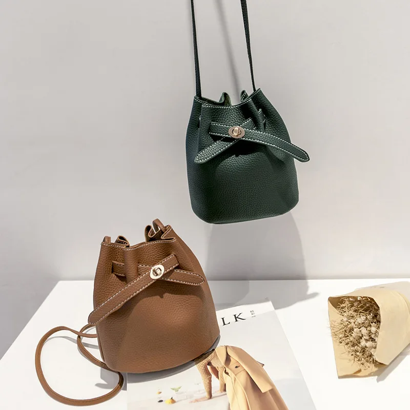 

2019 New Style Simple Bucket Bag Korean-style Casual Solid Color Shoulder Bag Broadband Lock Small Bag