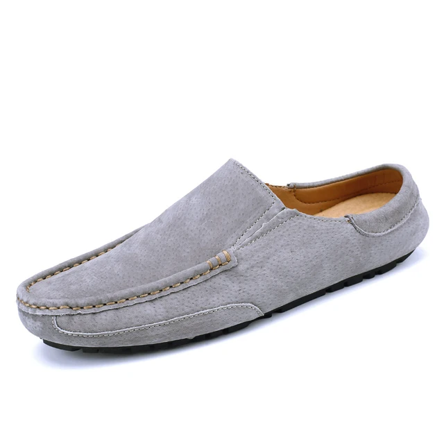 Man Summer Fashion Pig Skin Casual Half Shoe Male Breathable Soft Backless Half Loafers Hombre Open Back Leather Comfy Mocassins Gray without holes