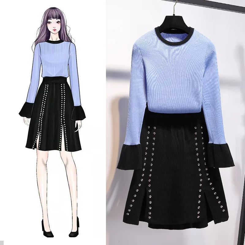 

Set 2019 Spring And Autumn New Style Korean-style Elegant WOMEN'S Knitted Wear Contrast Color Sweater Knitted Skirt Two-Piece Se