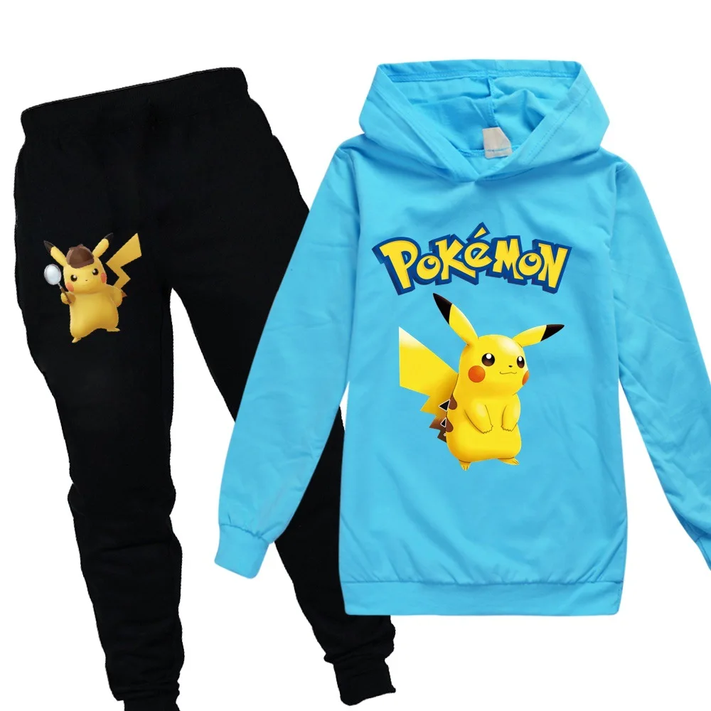 Детская одежда для мальчиков и девочек с принтом «POKEMON GO», «Detective Pikachu»; осенний свитер; комплект из 2 предметов; хлопковая Спортивная толстовка с длинными рукавами и рисунком; комплект с футболкой - Цвет: PH991