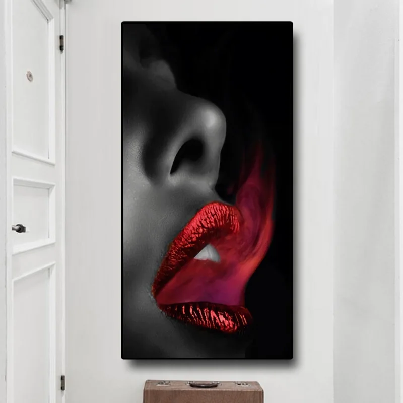 Modular Woman Red Smoke Mouth Sexy Lips Oil Painting on Canvas Posters and Prints Cuadros Wall Art Pictures For Living Room