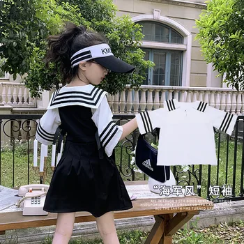 

Girls' chiffon shirt 2020 summer new middle and big children's Navy collar school style short top trend