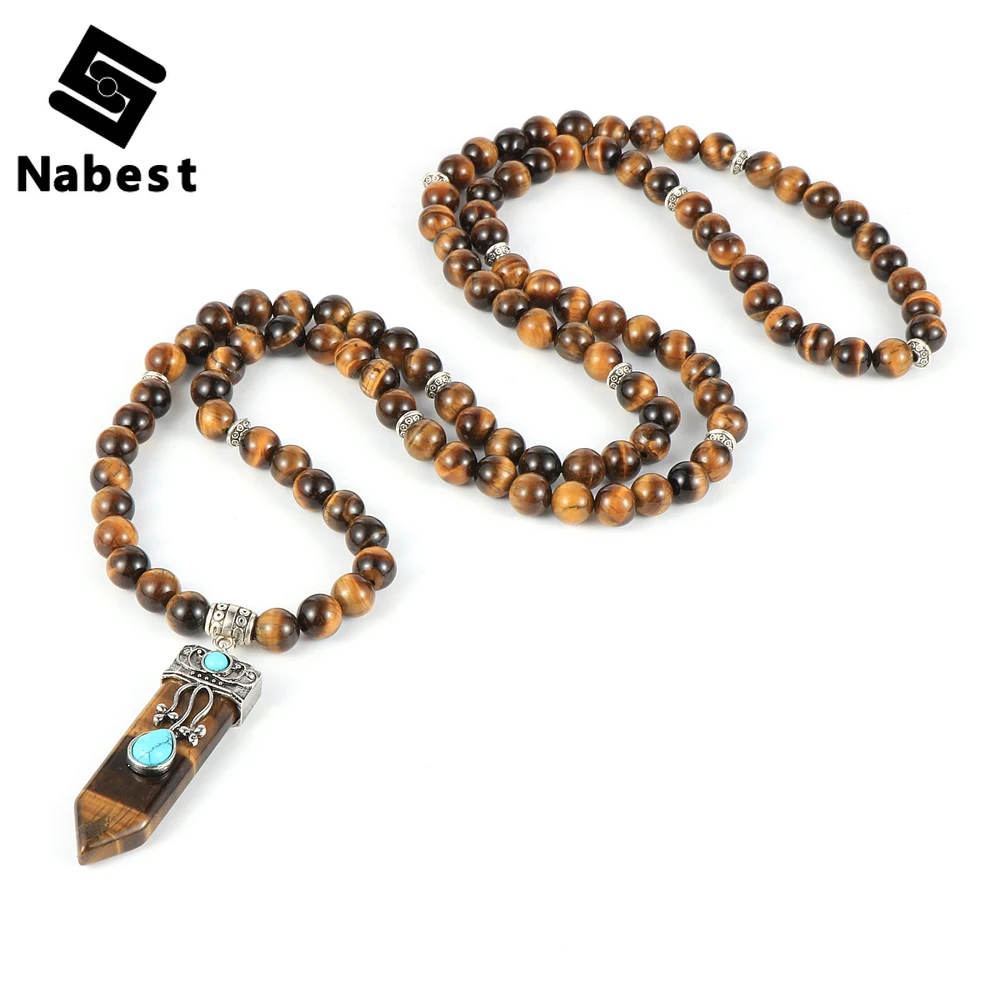 

Women Men Natural Stone Tiger Eye Turquoises Opal Quartz 108 Mala Beaded Necklace Reiki Hexagonal Pendant 8mm Bead Jewelry