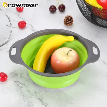 

Round Shape Vegetables Washing Colander Colorful Fruit Drain Baskets Silicone Foldable Strainer Handle Kitchen Storage Tools