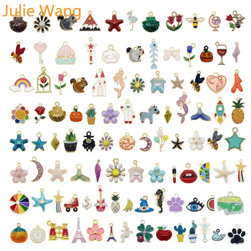 Julie Wang 10 шт. эмалированные амулеты сплав Случайные Смешанные цветы животное растение ожерелье ювелирные браслеты и Кулоны Аксессуары для изготовления