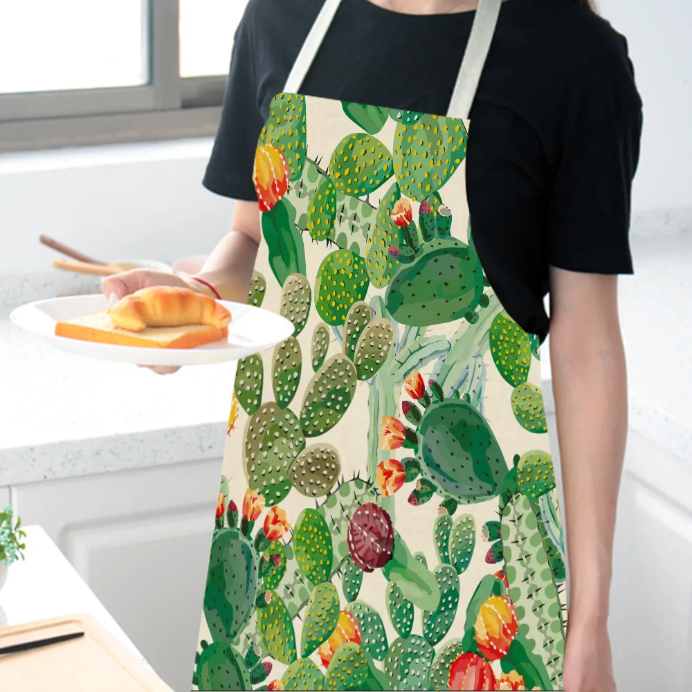 1 Pcs Cactus Pattern Kitchen Apron for Woman Sleeveless Cotton Linen Aprons Home Cooking Baking Bibs Cleaning Tools