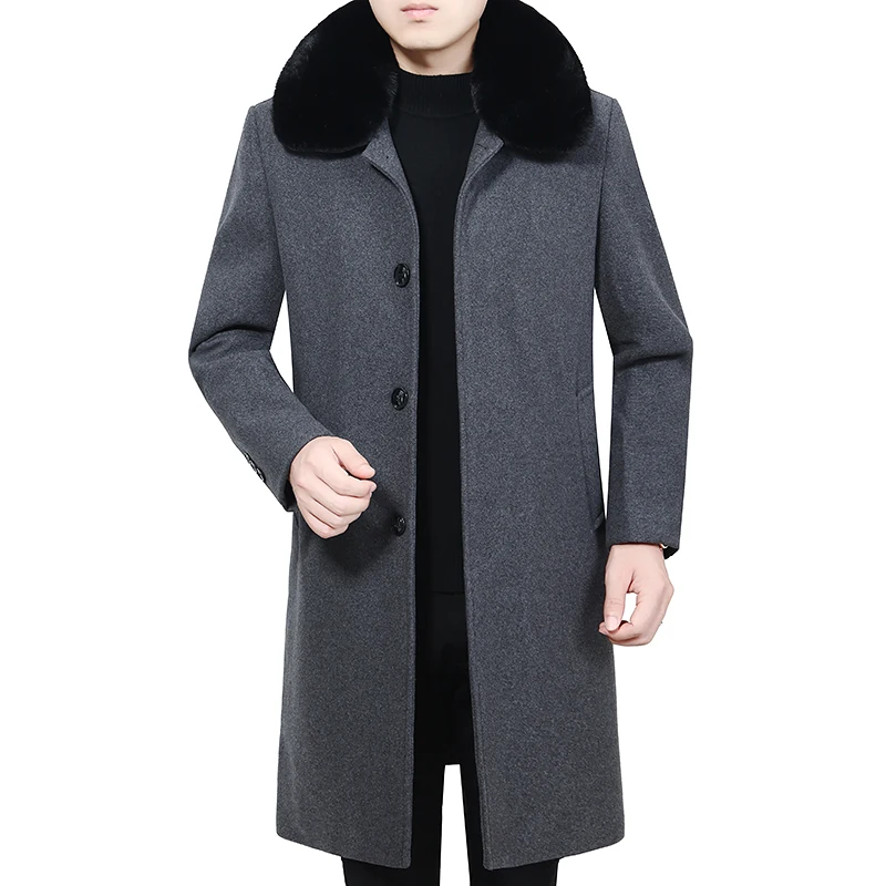 

2020 Winter Fur Collar Mens Coat Wool Blends Coats for Men Warm Wool Jacket Solid Color Luxurious High Quality Male Coat
