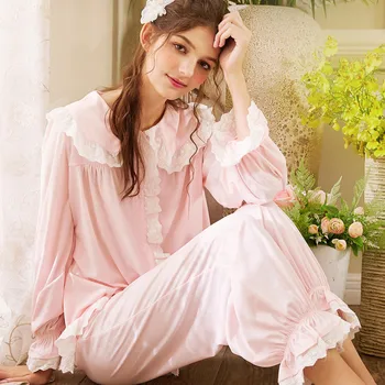 

sm- woman pajamas Royal sweet style two pieces long sleeve long pants pure cotton home wear white & light pink color