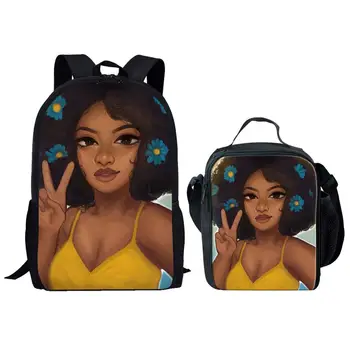 

HYCOOL 2pcs Black Art Afro Lady Girls Printing Schoolbags Set Smile Beauty Girl Printing Lunch Bags Children Kids Book Bags