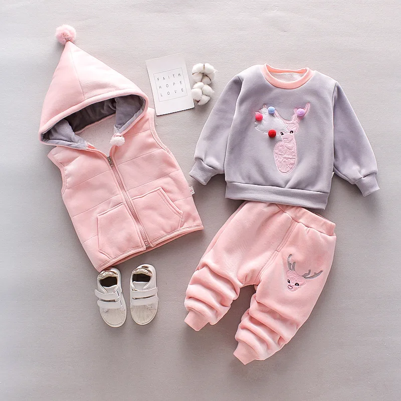 Autumn Winter Children Clothing Kids Girls Clothes Sets Baby Girl Cartoon Thick Fleece Hoodies+Vest+pants 3pcs sports Suits Warm | Детская