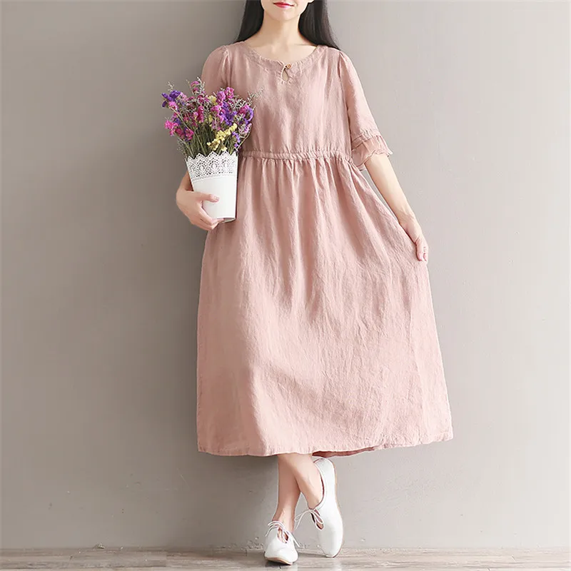 Женское нежное миди платье на лето женственное хлопково льняное свободное