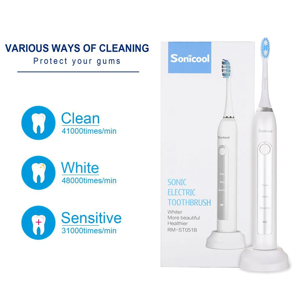 Sonicool 051B Electric Toothbrush USB Rechargeable Ultrasonic 48000 RPM Tooth Brushes With 4 Pcs DuPont Brush Heads Sonicool 051B Electric Toothbrush USB Rechargeable Ultrasonic 48000 RPM Tooth Brushes With 4 Pcs DuPont Brush Heads