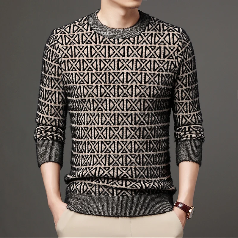 

Autumn and winter new men's business casual round neck slim-fit fashion plus velvet base sweater