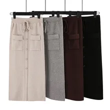 HLBCBG женские юбки с завязками на эластичном поясе, вязаные юбки средней длины, осенняя Зимняя юбка-пачка миди с карманами и пуговицами