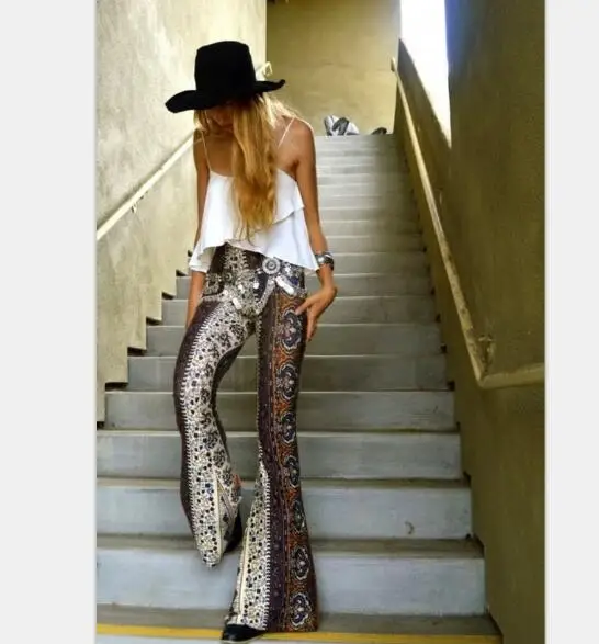 2022 Spring Summer European American Fashionable Style Woman Flare Trousers Skinny Retro Print Flare Trousers