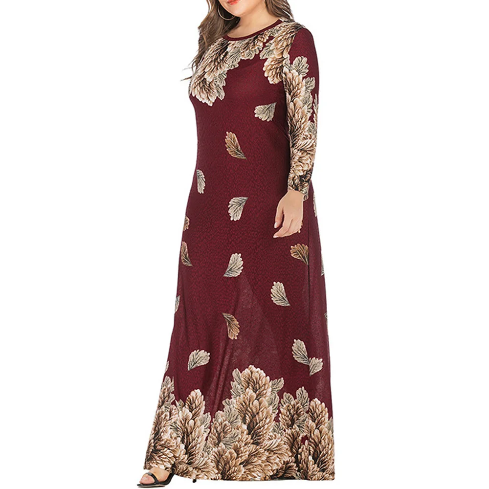 Abaya Jilbab Muslim Maxi Dress Foral Print Red Plus Size Kaftan Long Dress Vintage Fashion Islamic Clothings Long Robe 5XL