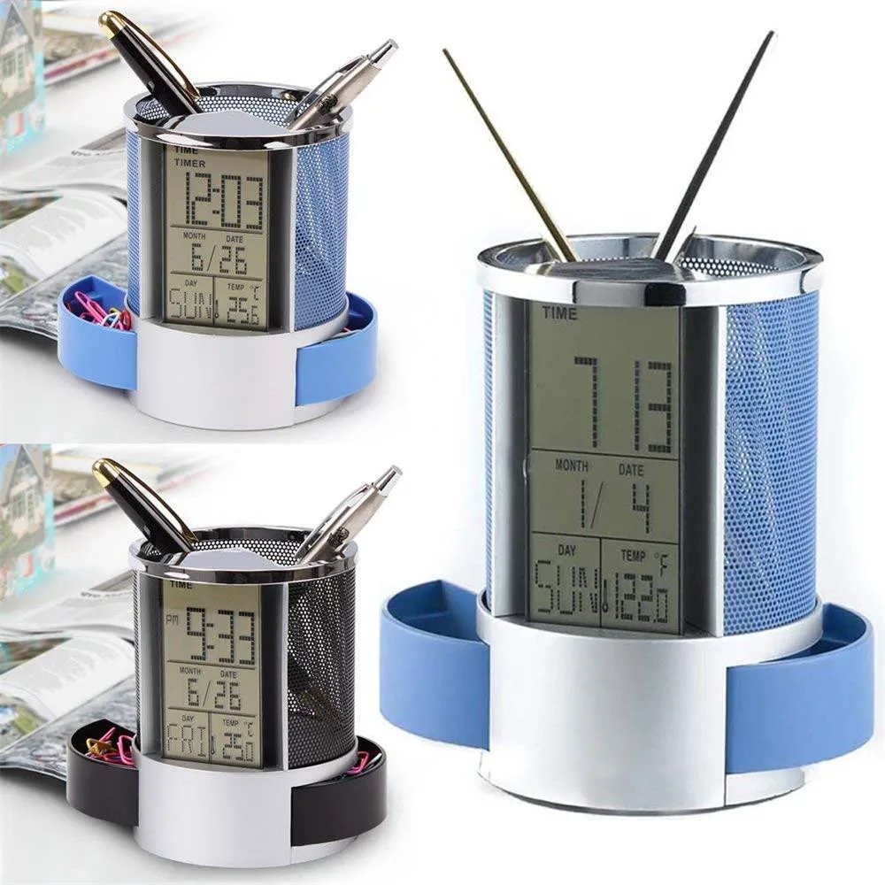 

Durable Pen Pencil Holder Mesh Style Temperature Calendar Digital LCD Office Desk Pen Storage Alarm Clock Time Desk Organizer #4