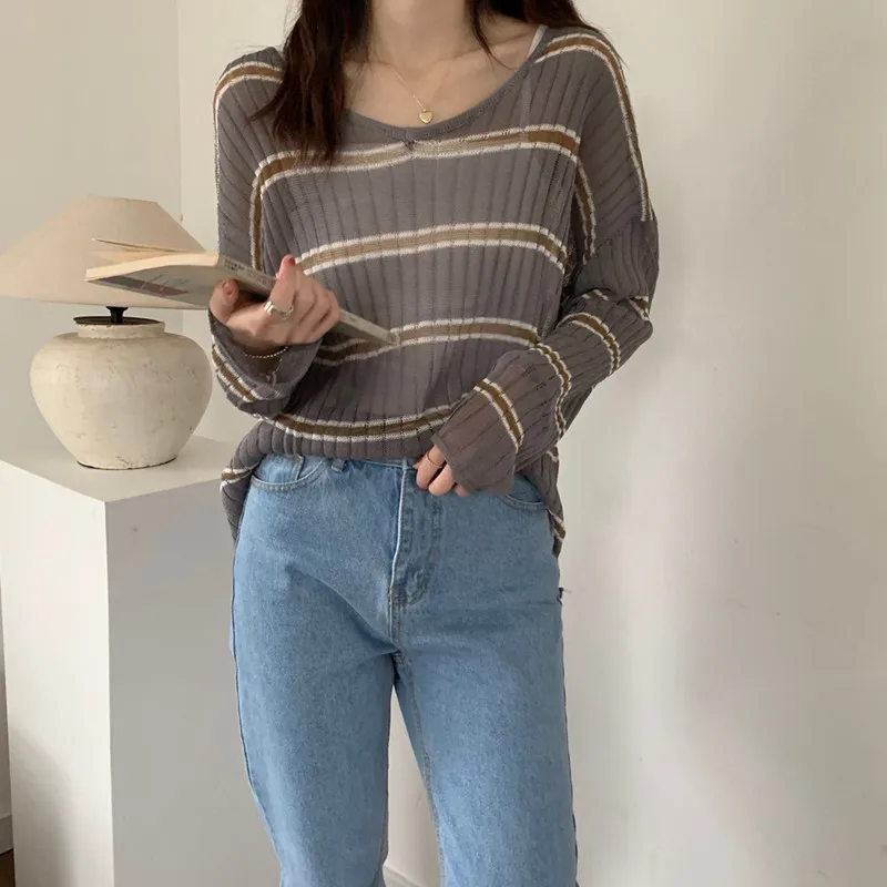 Alien Kitty 2021 New Autumn Ladies Sweater V-Neck Long-Sleeved Striped Knit Korean Casual Loose Basic Fashion Hot Vintage Top | Женская