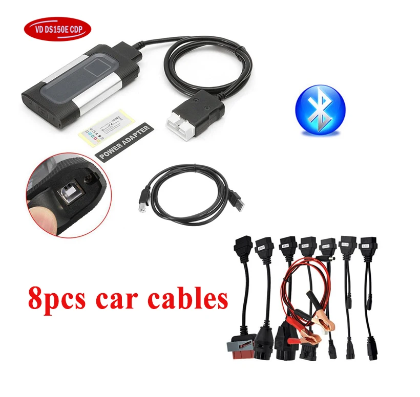 Топ продаж,0 с keygen Bluetooth vd ds150e cdp OBD2 сканер для delphis мульти Автомобиль Diag autocome+ 8 автомобильных кабелей - Цвет: autoc0m cable  BT