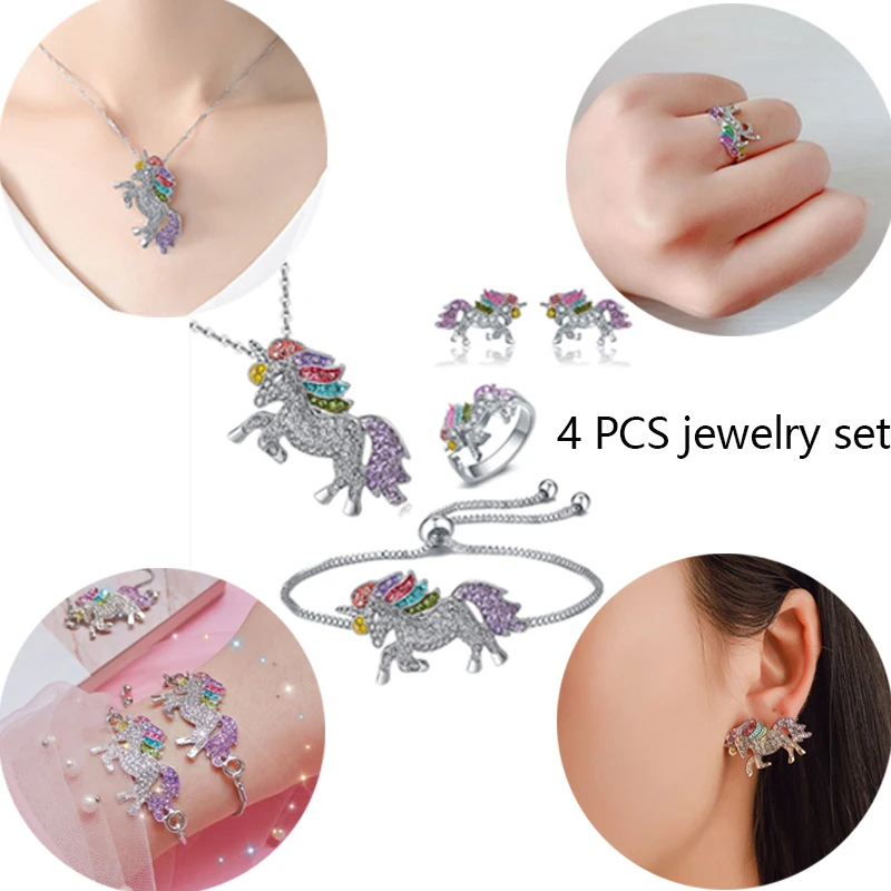4 шт Новый ювелирный набор Единорог ожерелье браслет серьги кольцо точечный Цвет