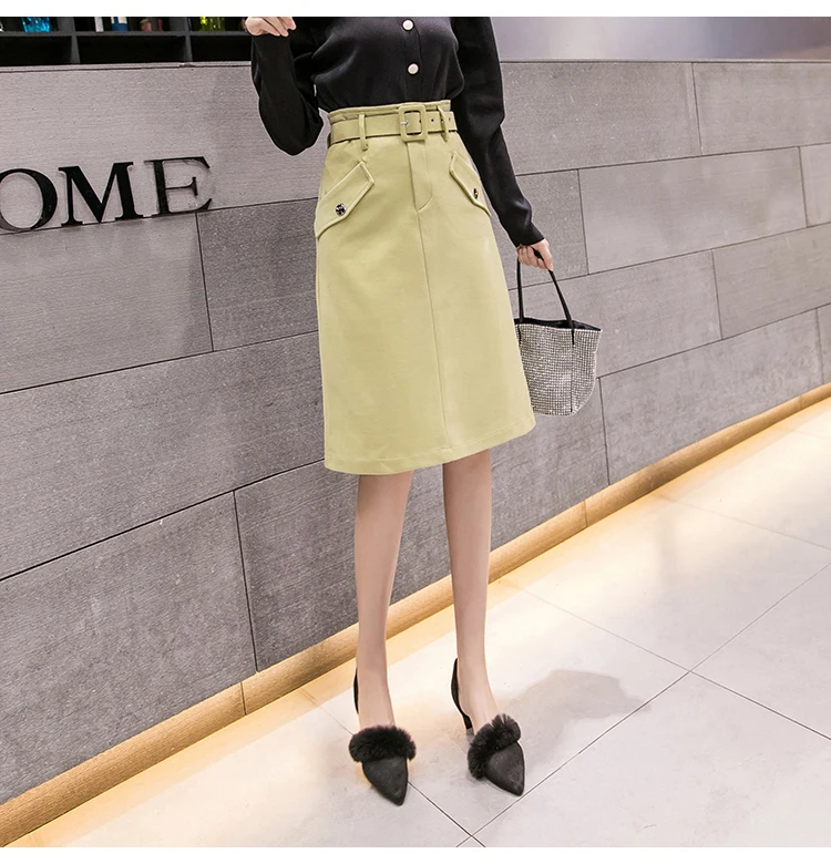 Trytree Autumn Winter Woman Casual Skirt Belt Pockets Fashion Skirt Solid 3 Colors Skirts A-Line Knee-Length Office Lady Skirt