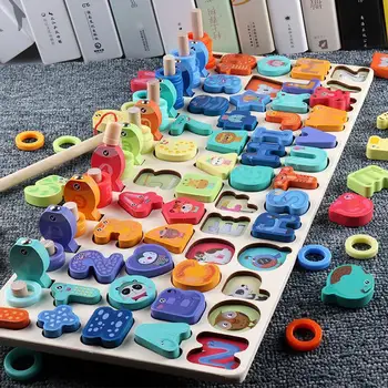 

Montessori teaching aids wooden toys children busy board math fishing children wooden Montessori toys count several shapes