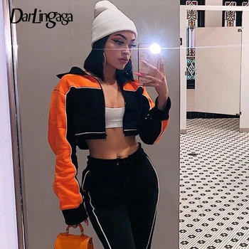 

Darlingaga Casual Stripe Patchwork Zip-up Sweatshirt Contrast Color Cropped Sweatshirts Women Spring 2020 Hoodie Long Sleeve New