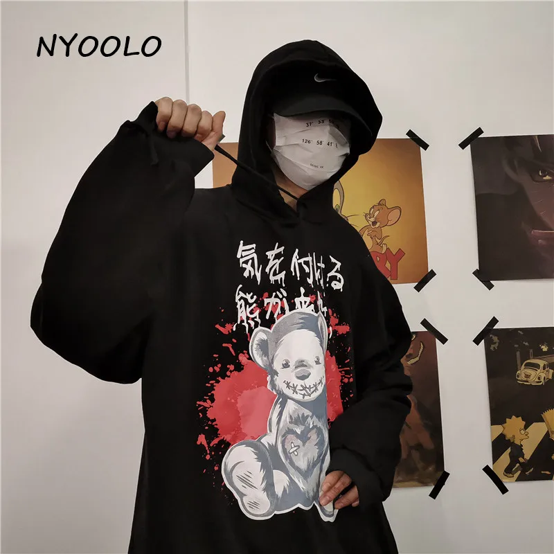 NYOOLO осень зима мультфильм Травмированный кровавый медведь с буквенным принтом свободные пуловеры с капюшоном теплый флисовый свитер для женщин и мужчин топы