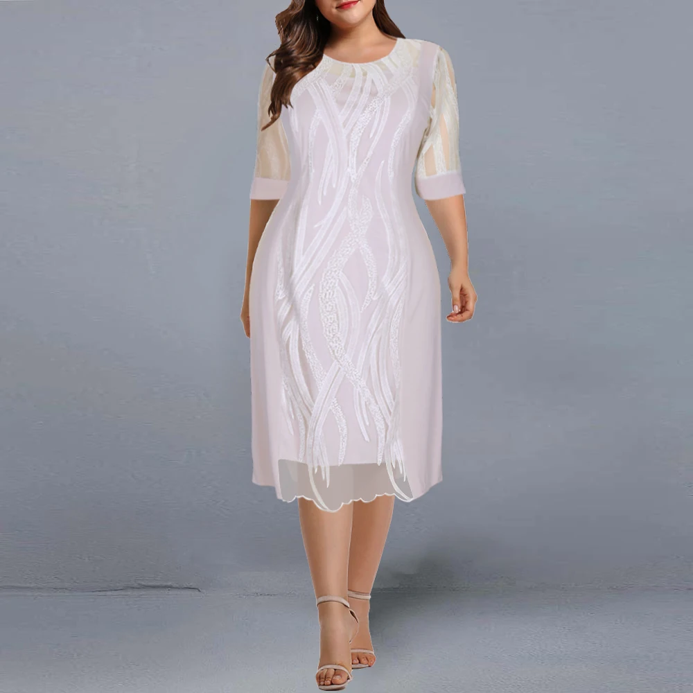Plus Size Women Casual Dress Elegant Mesh Embroidered Wedding Party Dress 2021...