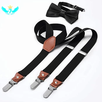 

Three Clip Adult's Strap Suspender Leather Straps Stainless Steel Clip Bowtie Sets