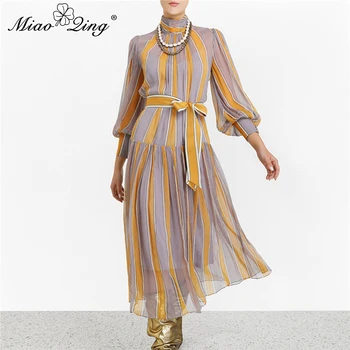 

MIAOQING Bow Striped Dress For Women Stand Collar Lantern Sleeve High Waist Lace Up Dresses Female 2020 Spring Fashion New