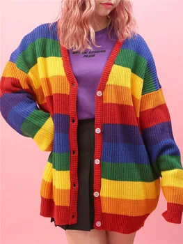 

girls sweet rainbow color striped knitted cardigan single breasted long autumn sweaters for ladies outer clothes women' fashion
