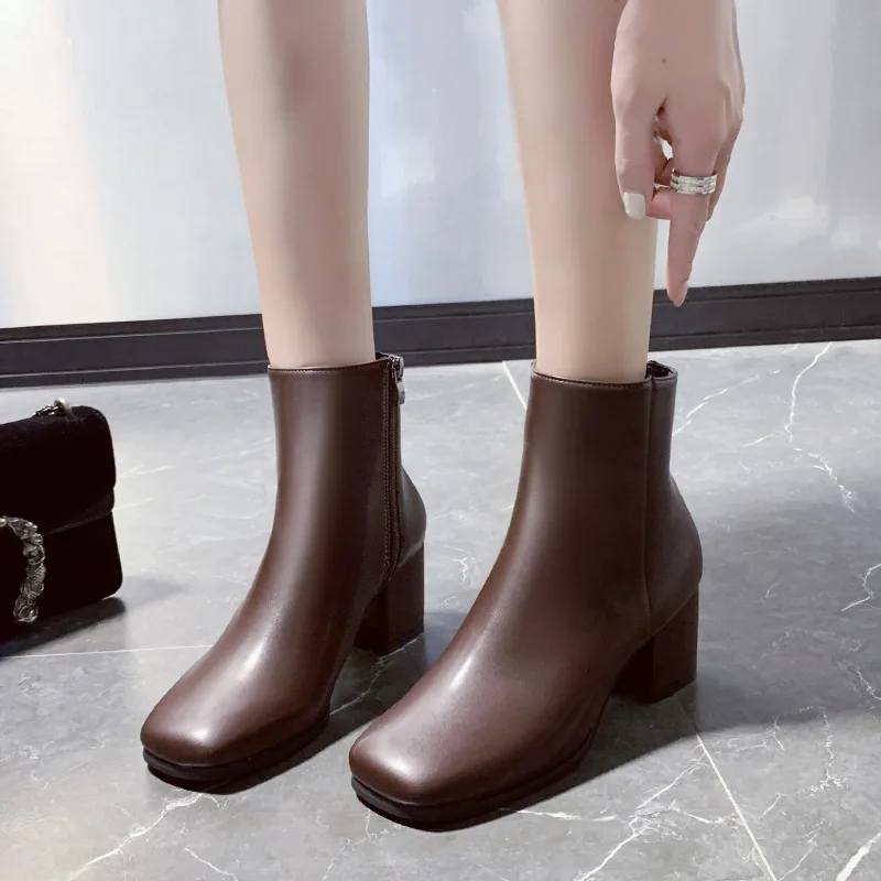 

Black And White with Pattern Martin Boots 2019 New Style Korean-style Versatile Square Head Chunky-Heel Short Boots Women's Autu
