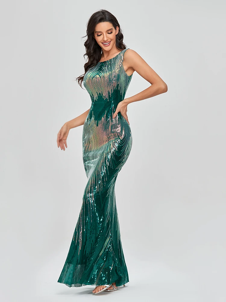 XUCTHHC O-neck Sleeveless Shinning Sequins Elegant Mermaid Evening Dress Women Formal Floor Length Party Prom Gowns Stretch Robe green evening dress