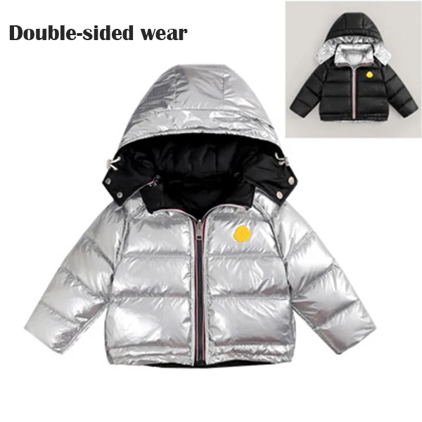 Детский Зимний пуховик для девочек, утепленные пальто куртка для мальчиков Двусторонняя верхняя одежда с капюшоном для детей от 3 до 10 лет, белые пуховики на утином пуху - Цвет: gray-black