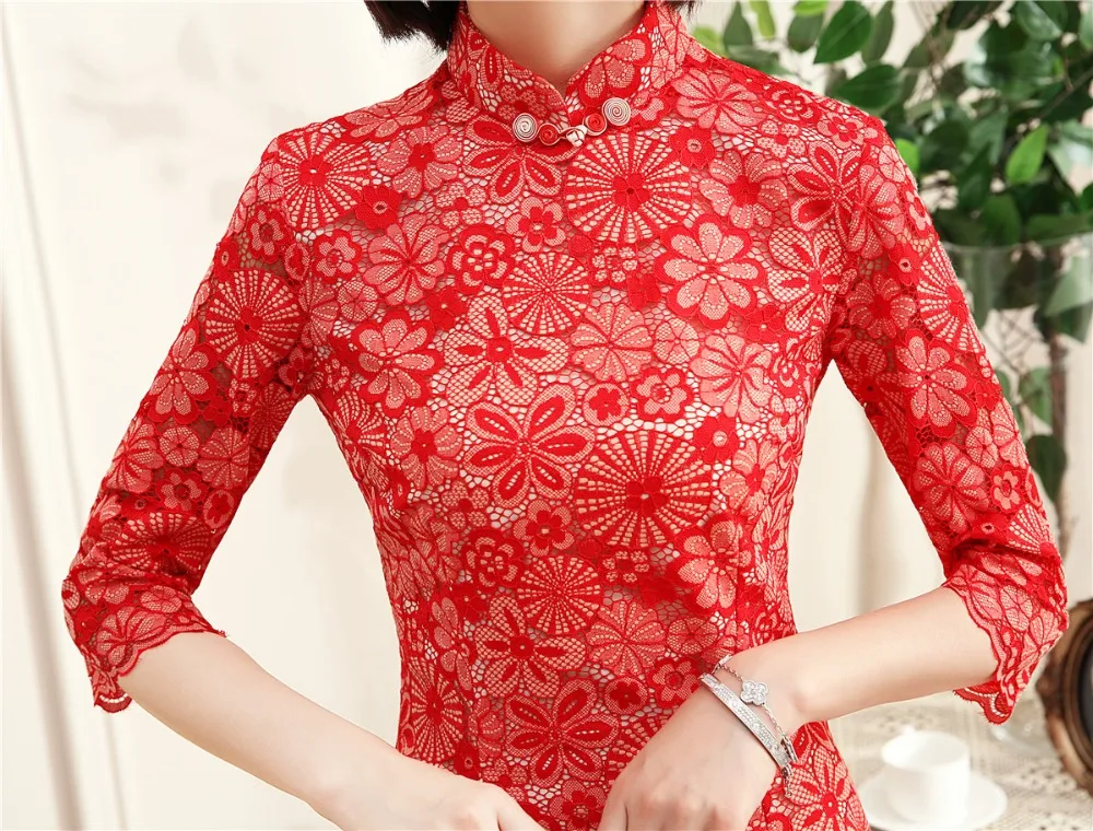 Шанхай история Половина рукава до колена cheongsam платье кружева Ципао китайское платье китайский стиль платье для женщин 2 цвета