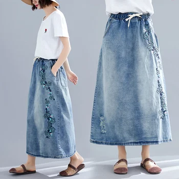

Loose Fashion Ethnic Style Pocket Skirts Womens Embroidery A-line High Waist Summer Skirt Vintage Korean Ladies Skirts