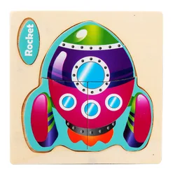 Miniature 3D Wooden Cartoon Animal Puzzle Board for Kids - Early Learning Educational Toy Gift (Rocket)