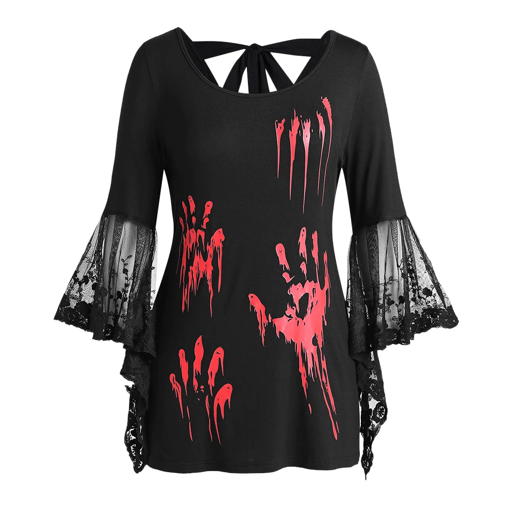 

ROSEGAL Plus Size Halloween Blood Hands Bell Sleeve Sheer Tee Flare Lace Women Backless T-Shirts Horrifying Holiday 2019