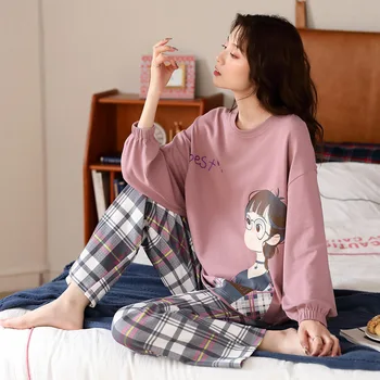

2020 New Cotton Pajamas Women Spring And Autumn Long-Sleeved Trousers Korean Cartoon Casual Ladies Home Service
