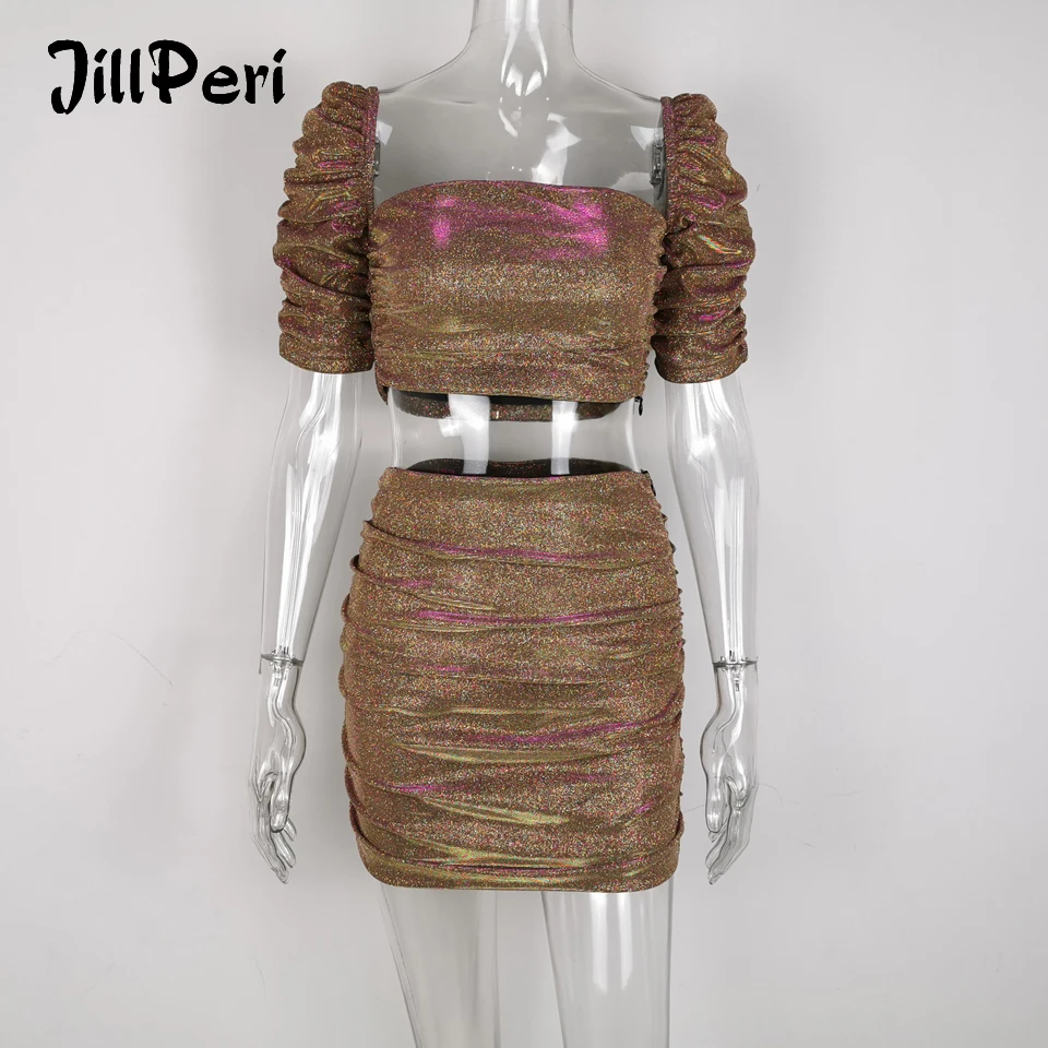 

JillPeri Women Slash Neck Puff Sleeve Sexy Crop Top and Skirt 2 Piece Set Sparkle Burning Girl Club Wear Outfit Short Party Sets